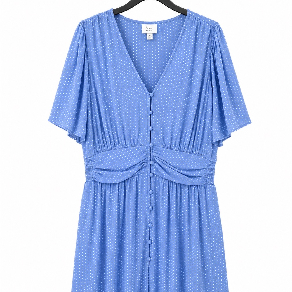 a new day Blue Polka Dot V-Neck Button Midi Dress